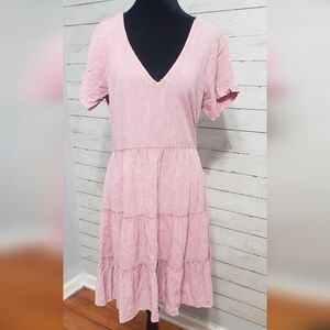 Le Lis Blush Pink Tiered Midi Dress Medium Short Sleeves Zip Side  Soft Boho